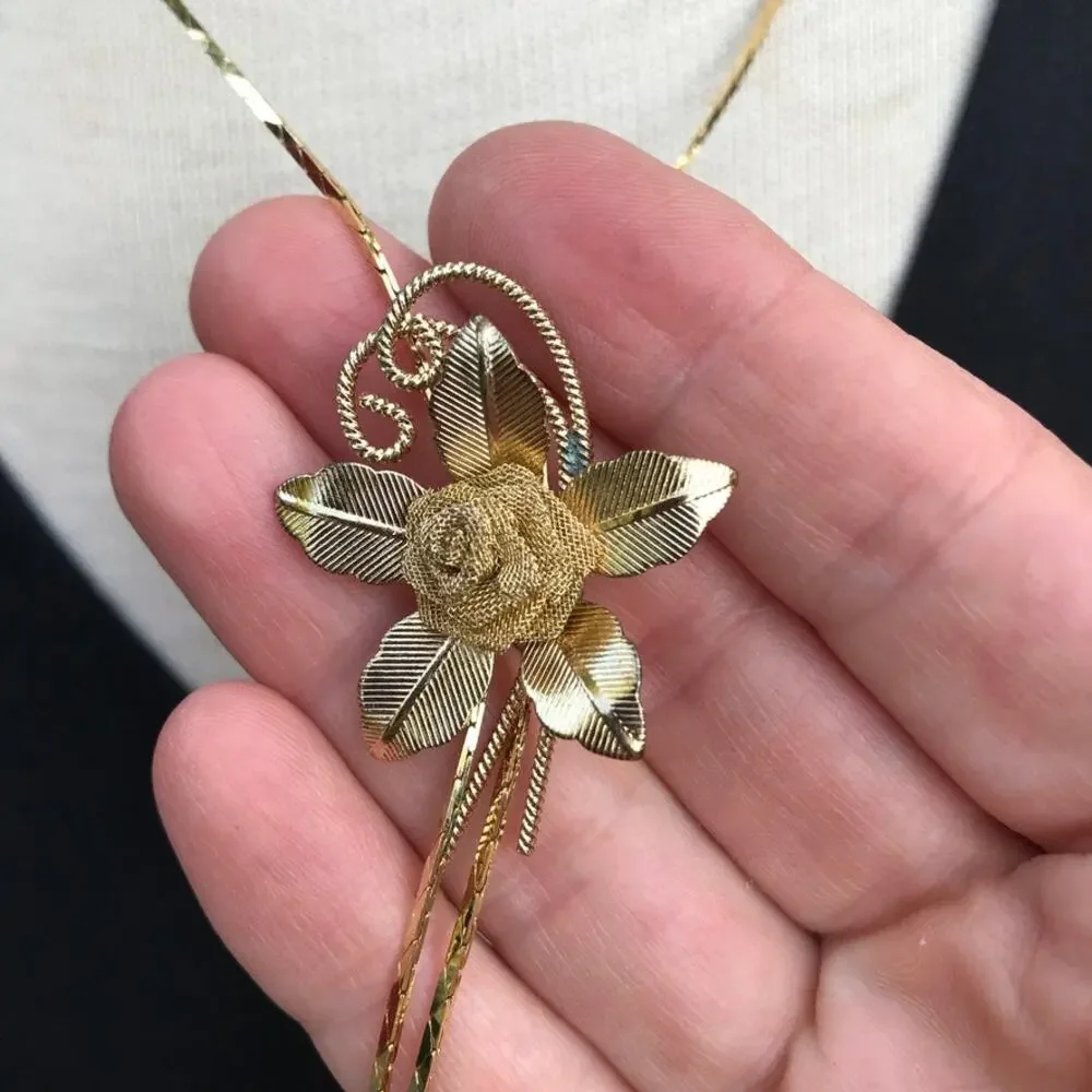 Vintage gold tone flower slide lariat necklace - mesh gold tone rose slide